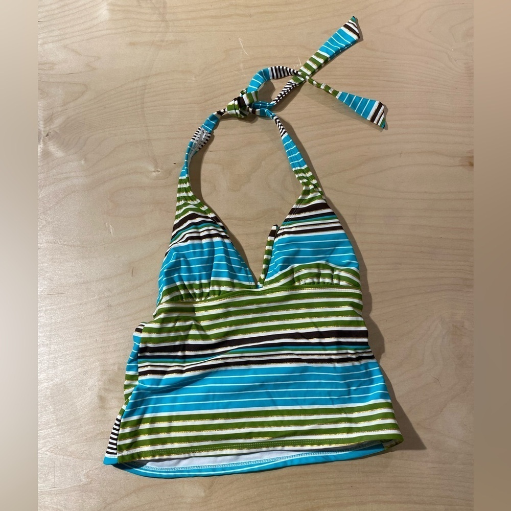 Sand N Sun Swim Bikini Top- Blue and Green Stripes Missy Medium (8/10) (NE)